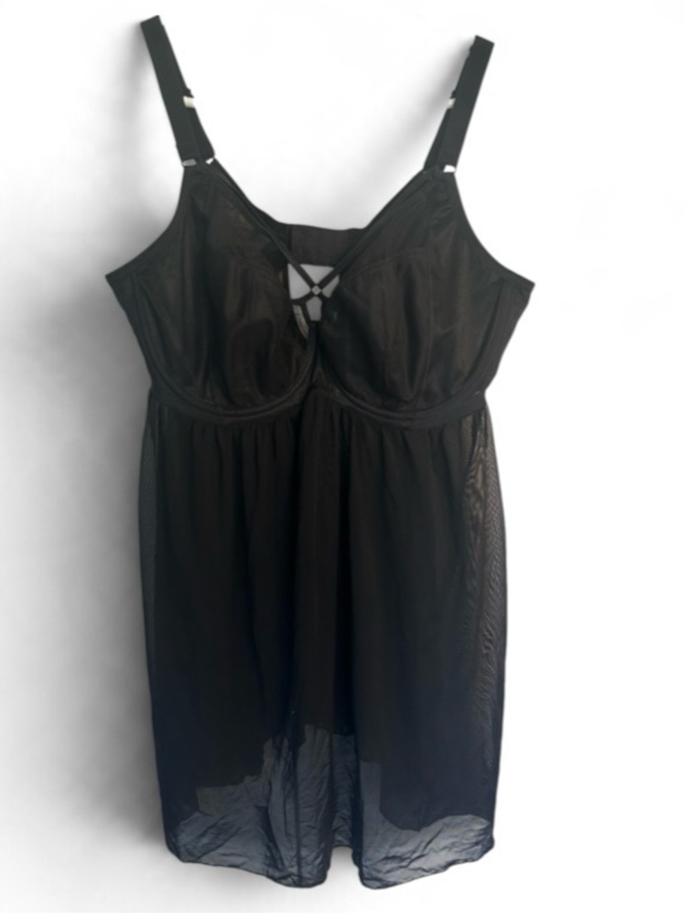 Elomi Sachi Black Sheer Mesh Strappy Underwire Babydoll Lingerie Chemise 38G